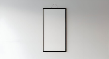 Empty black framed picture on a light gray wall. Empty picture frame hanging on a light gray wall in a modern interior setting.