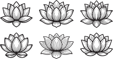 Set of six black line art lotus flowers, vector illustration, minimalistic floral design, spiritual and nature-themed symbols.