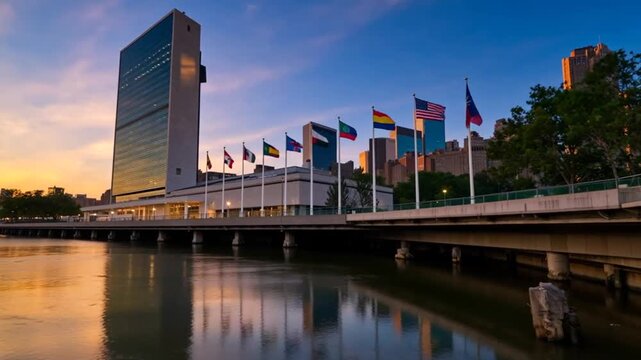 United Nations Headquarters at Sunset: Flags, Water, and Cityscape