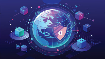 Digital globe shielding cybersecurity protecting global data servers and network connections in an isometric illustration