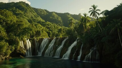 Naklejka premium Lush Tropical Waterfall in Green Jungle with Palm Trees and Mountain Background