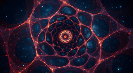 Geometric cosmic web illustration resembling neural networks, enhanced with synaptic pixel abstract overlay to symbolize universal energy and cosmic intelligence