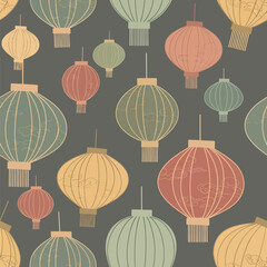 Obraz premium Colorful illustration of Chinese lanterns arranged in a seamless pattern on a dark background, seamless pattern, Stock royalty.