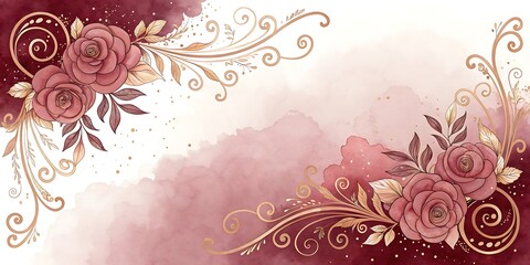 Elegant floral watercolor background with rose and gold swirl elements, perfect for invitations and cards.