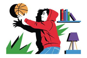 Fototapeta premium Young person in red hoodie practicing basketball indoors near books and lamp