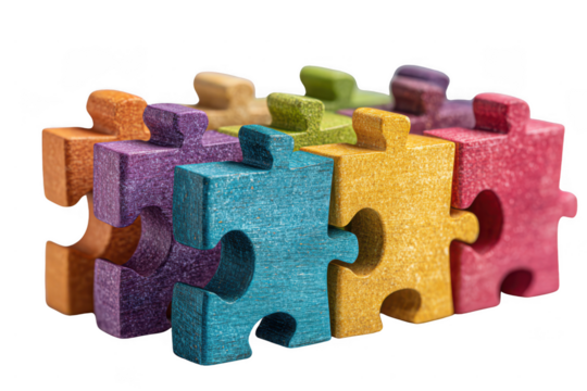 Colorful wooden puzzle pieces connected in a row, showcasing various vibrant colors and textures.