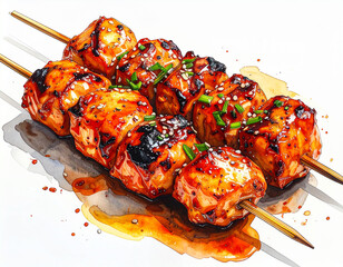 Grilled meat skewers with spicy glaze and herbs in hand-drawn watercolor style