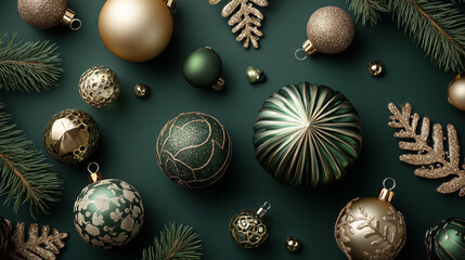 Top down view of Christmas ornaments gold and green theme