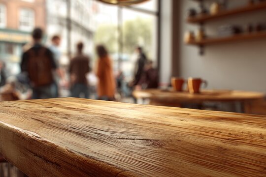 Wooden Countertop In Cafe With Blurred Background - Powered by Adobe