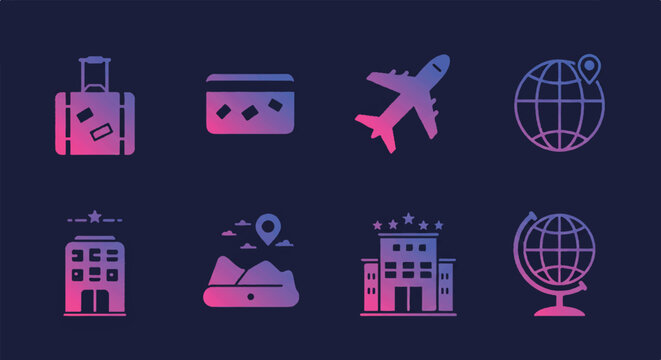 Travel themed symbols representing vacation planning and booking services with luggage, plane, and hotel icons on dark blue backdrop, suggesting adventure.
