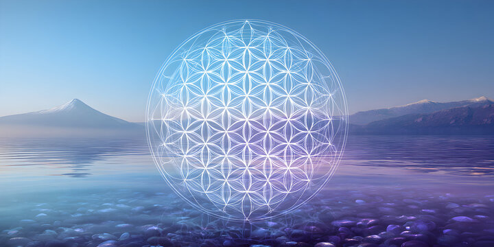 Geometric sphere floats above tranquil lake reflecting distant mountains at dawn, creating a serene and spiritual atmosphere.