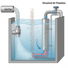 detailed diagram illustrating the dissolved air flotation (DAF) process, showing how tiny air bubbles lift suspended solids and pollutants to the surface for removal.
