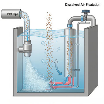 detailed diagram illustrating the dissolved air flotation (DAF) process, showing how tiny air bubbles lift suspended solids and pollutants to the surface for removal.