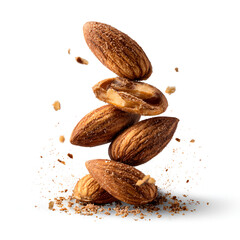 Roasted Almonds Falling on a Pile Isolated on White Background