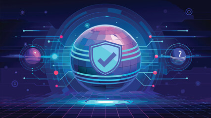 Futuristic cyber security globe shield with check mark surrounded by digital network elements for digital security visuals