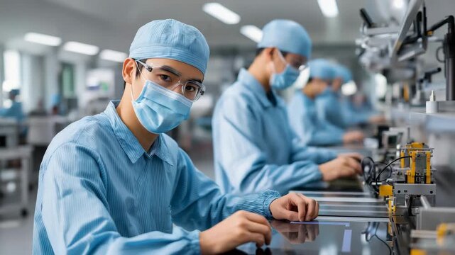 Three men are working in a lab, all wearing blue lab coats and masks. Semiconductor packaging process with workers in cleanroom suits,shortage bright sci‑tech muted tone