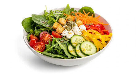 A vibrant, healthy salad composed of fresh vegetables and various toppings, presented in a white bowl.