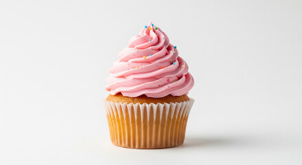 A single, delicious pink-frosted cupcake sits on a white background, decorated with colorful sprinkles.
