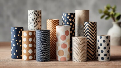 a set of cylindrical washi tape stands on the table, each with different patterns and colors. 