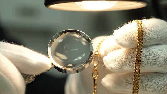 Meticulous craftsmanship inspection of a radiant gold chain under a magnifying glass, ensuring superior quality and intricate detail in fine jewelry production