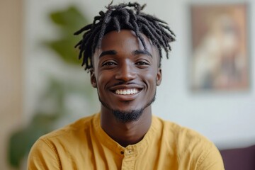 Young African American man standing at home, talking on a video call and recording, smiling at the camera with enthusiasm, Generative AI
