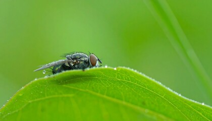 Fototapeta premium Close-up of a fly on a wet leaf