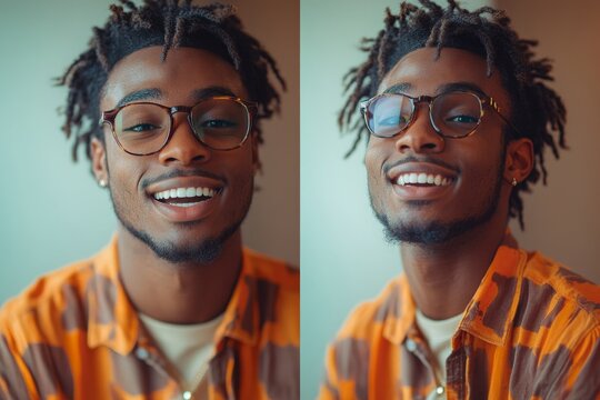 Young African American man standing at home, talking on a video call and recording, smiling at the camera with enthusiasm, Generative AI