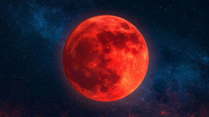 Fototapeta premium A Striking Blood-Red Moon Suspended in a Starry Sky, Its Surface Undulating with Liquid-Like Ripples, Perfect for Illustrating Science Fiction and Celestial Concepts