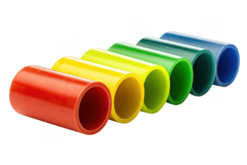 Colorful cylindrical plastic tubes arranged in a curved line, each in a different bright color from red to blue.