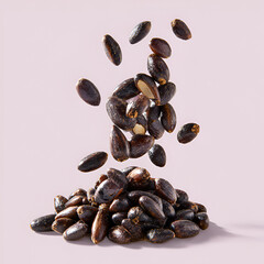 Fototapeta premium Black Sunflower Seeds Falling from a Pile Isolated on White Background