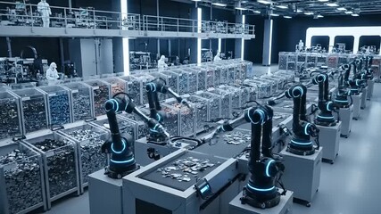 Robotic Arms Sorting Electronic Components in a High-Tech E-Waste Recycling Facility - Powered by Adobe