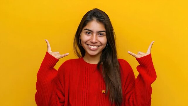 A person in a red sweater makes a peace sign with their hands, a gesture of goodwill and friendship