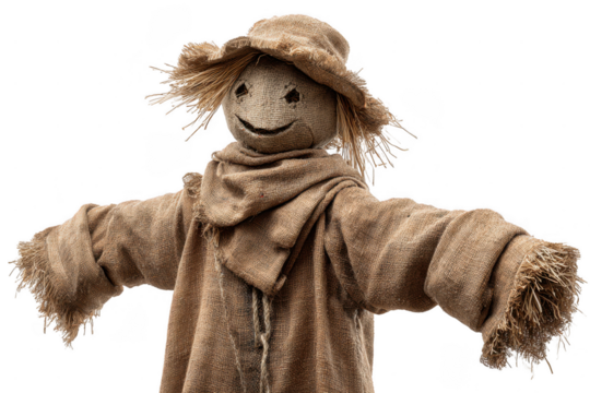A smiling scarecrow with outstretched arms, wearing a tattered hat and burlap clothing with straw details.