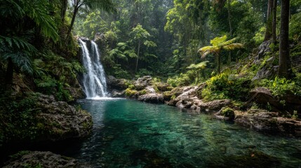 Fototapeta premium Lush waterfall cascading into a tranquil pool in a dense rainforest