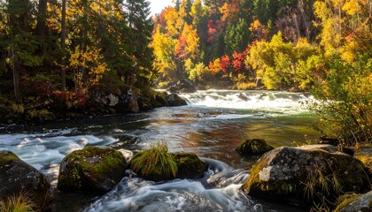 Fototapeta premium A serene river flows through a vibrant autumn forest, showcasing the beauty of nature's colors and the gentle movement of water.