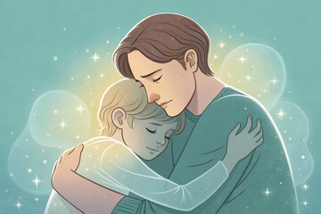 Man comforting a woman with a gentle hug and glowing light
