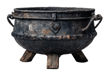 A weathered cast iron cauldron with three wooden legs and metal handles, showing rust and signs of age.