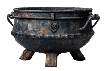 A weathered cast iron cauldron with three wooden legs and metal handles, showing rust and signs of age.