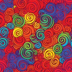 Colorful abstract spiral pattern design with vibrant rainbow colors on a red background., seamless pattern, Stock royalty image.