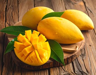 Juicy yellow mangoes, artfully sliced and arranged, display a vibrant freshness on a rustic wooden surface.