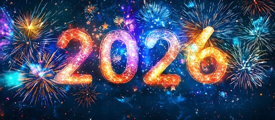 Happy New Year 2026 greeting banner with gold number and golden fireworks on night background