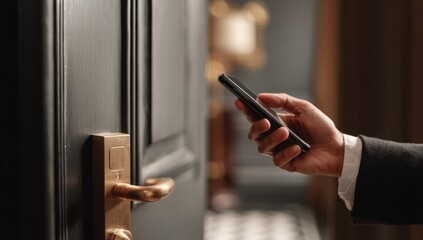 Person using a smartphone near a dark door