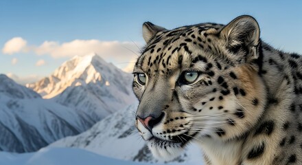 Fototapeta premium A majestic snow leopard with striking blue eyes gazes intently from a snowy mountain landscape under a clear sky.
