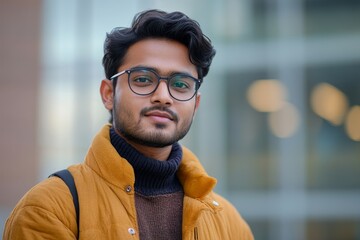 Close-up portrait of a young Indian male businessman standing near an office building, talking on a video call using his phone, Generative AI
