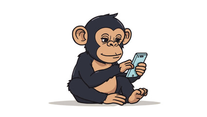 Chimpanzee sitting and looking at a smartphone