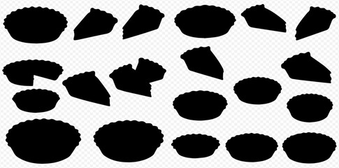 A collection of pie silhouettes, including whole pies and pie slices, arranged on a transparent background.