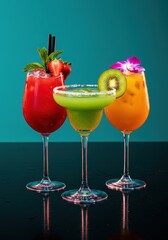 Refreshing mocktails and cocktails with colorful background bringing summer vibes.