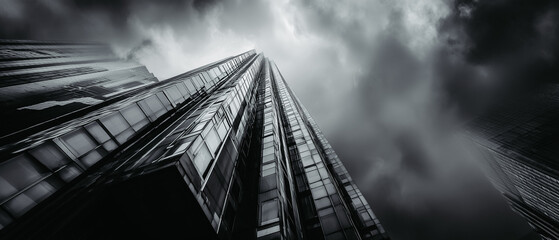 Black and white sky and clouds above modern skyscraper