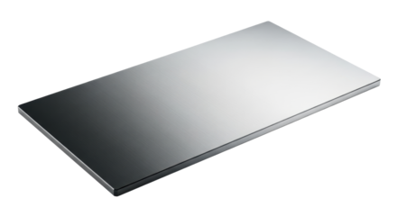 Engineered rectangular metallic sheet, gradient matte black to polished steel grey, vertical texture, laser-cut edges, medium close-up, transparent background, modern precision, futuristic design