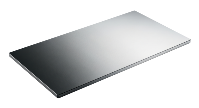 Engineered rectangular metallic sheet, gradient matte black to polished steel grey, vertical texture, laser-cut edges, medium close-up, transparent background, modern precision, futuristic design